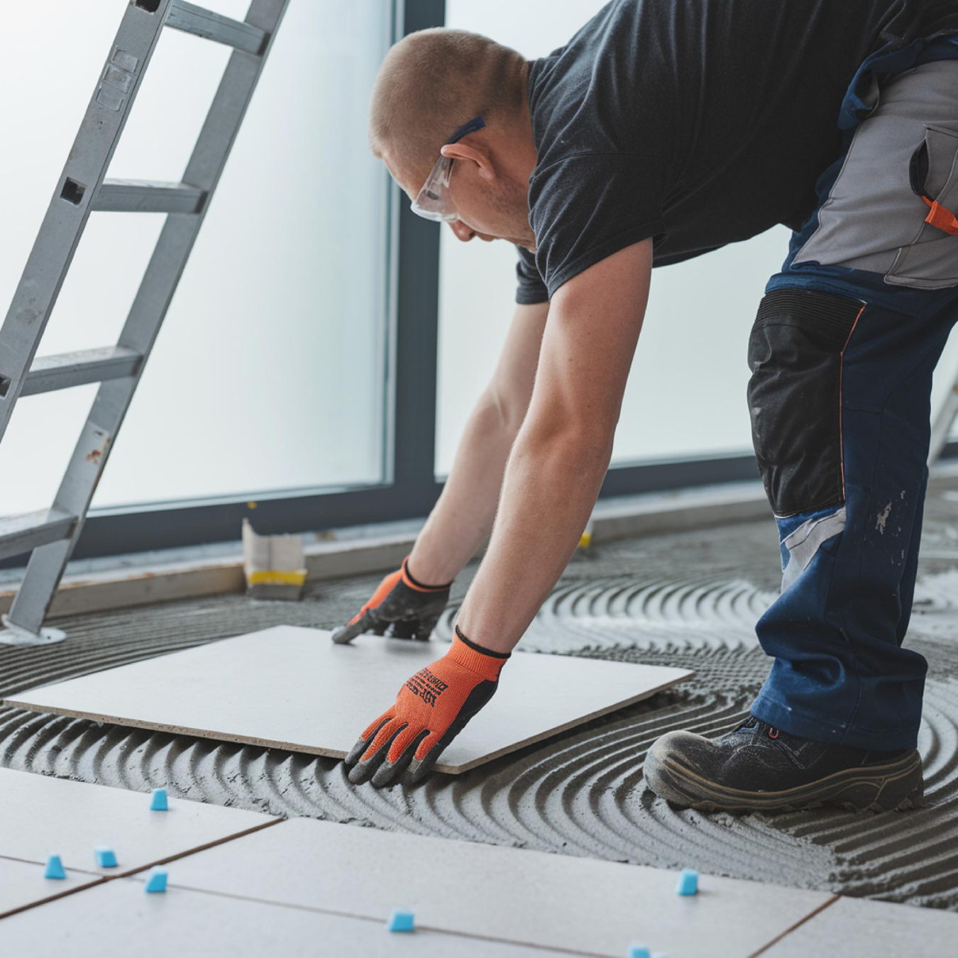 Expert tile installer laying large floor tiles with precision leveling system