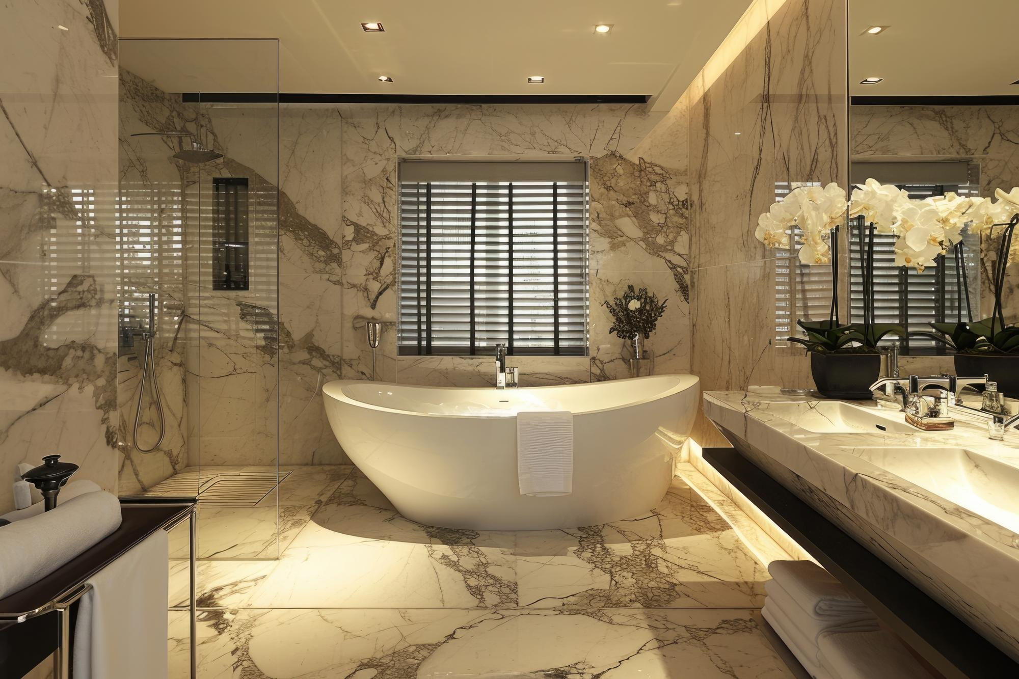 A modern bathroom featuring elegant marble walls and a stylish freestanding bathtub.