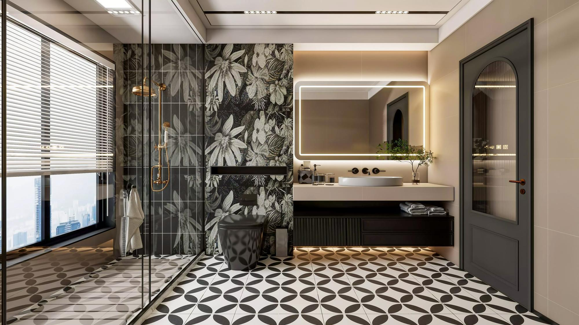 A stylish modern bathroom featuring floral wallpaper and elegant fixtures.