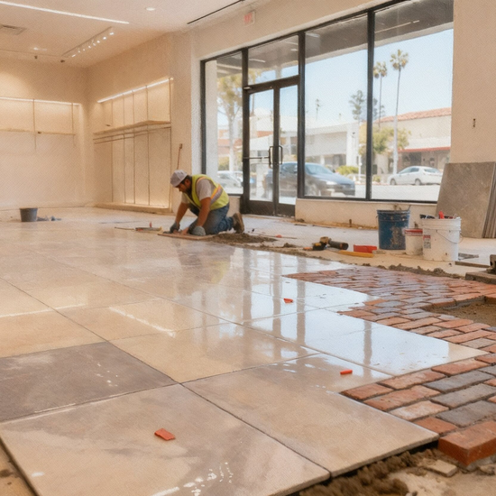 Commercial tile renovation in progress with professional installer laying large floor tiles