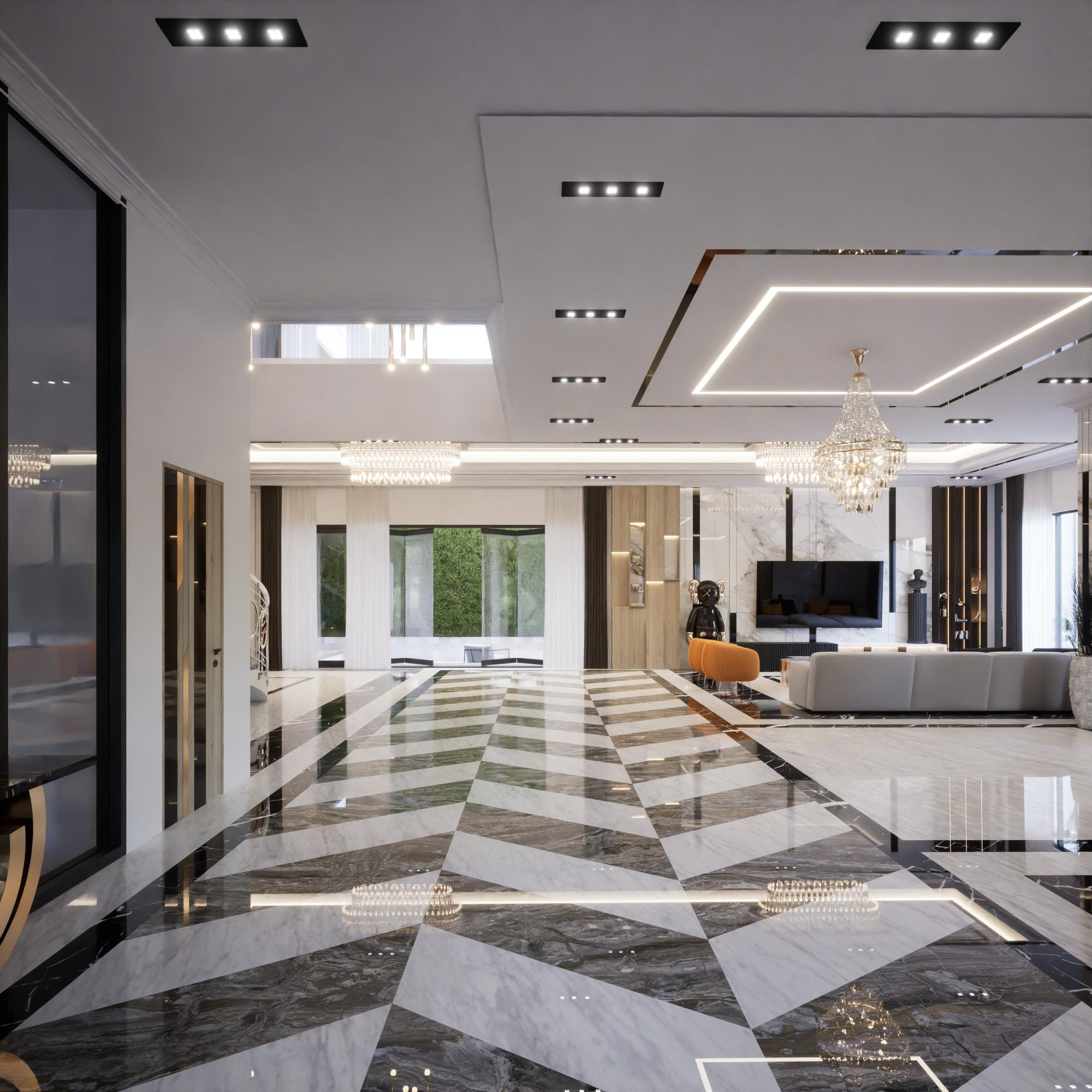 Interior view of a luxury home featuring contemporary furniture and stylish lighting.