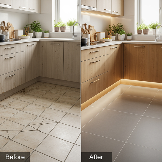 Kitchen tile makeover before and after showing damaged floor replaced with modern ceramic tiles