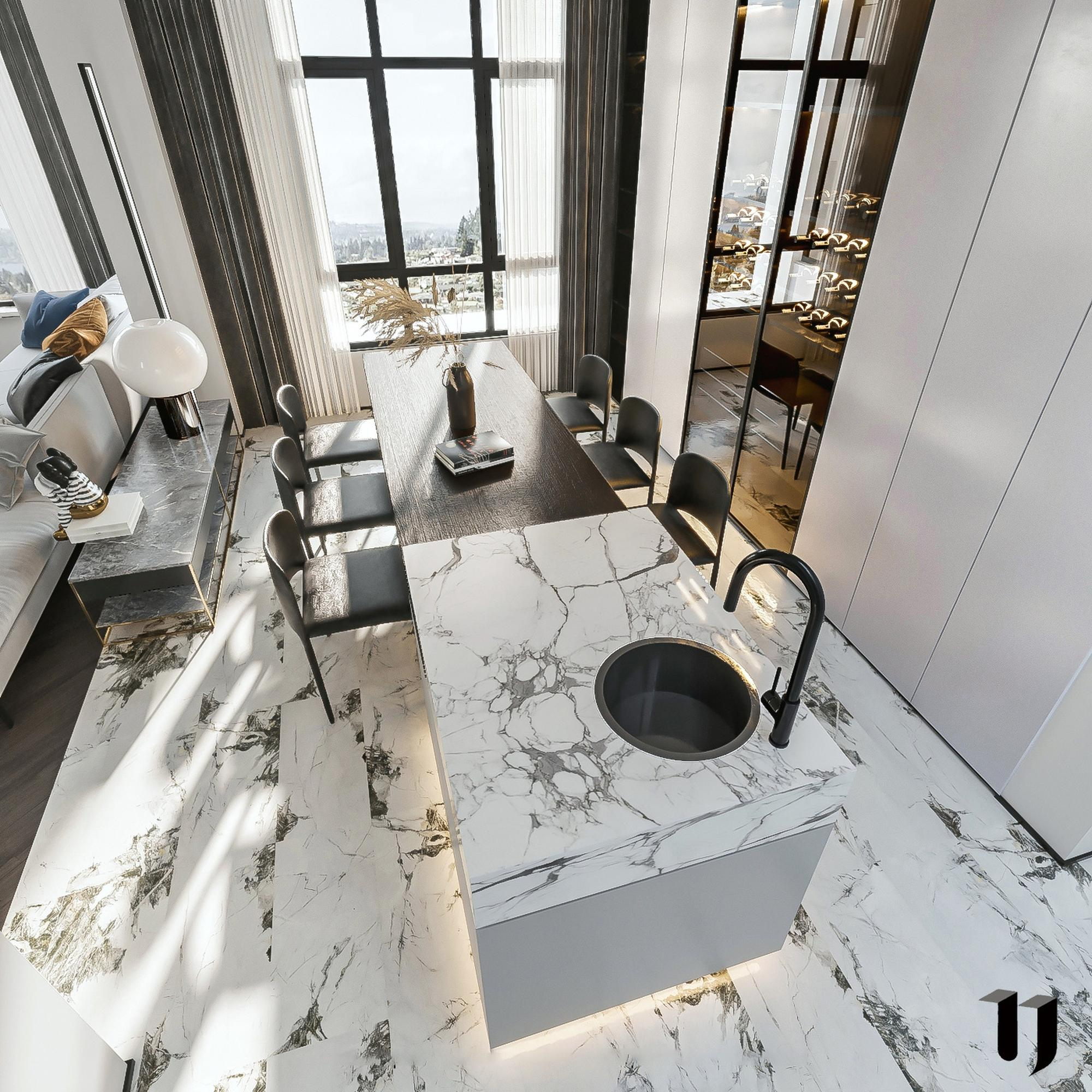 Contemporary kitchen and dining room with marble island countertop, marble floor tiles, tall windows, and sleek black chairs