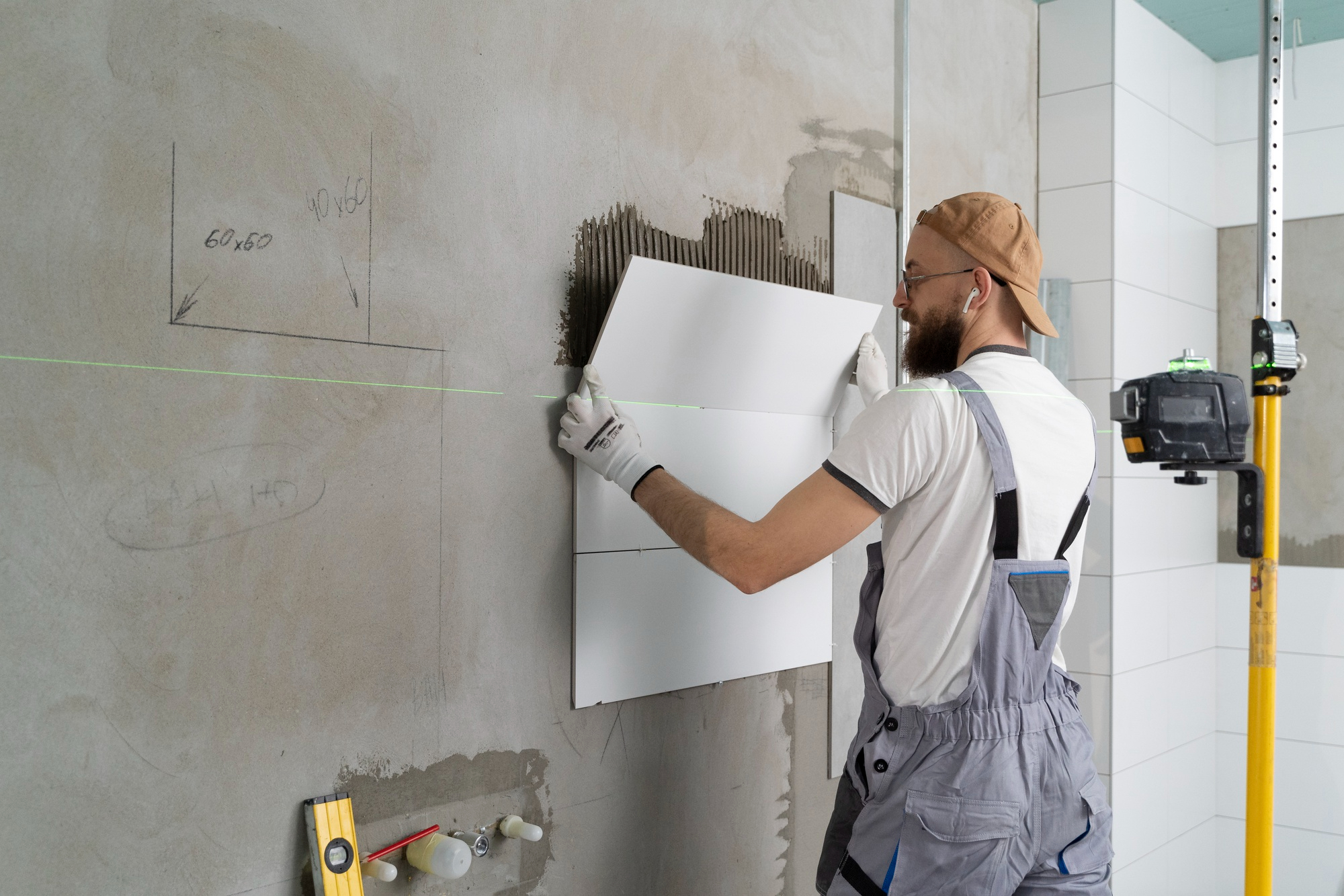 Construction worker aligning ceramic wall tiles using laser level in a home renovation setting