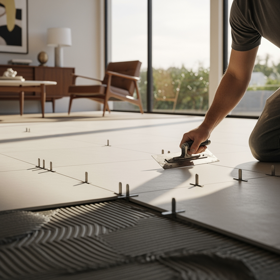Professional floor tile installation in a modern living room using tile spacers and trowel