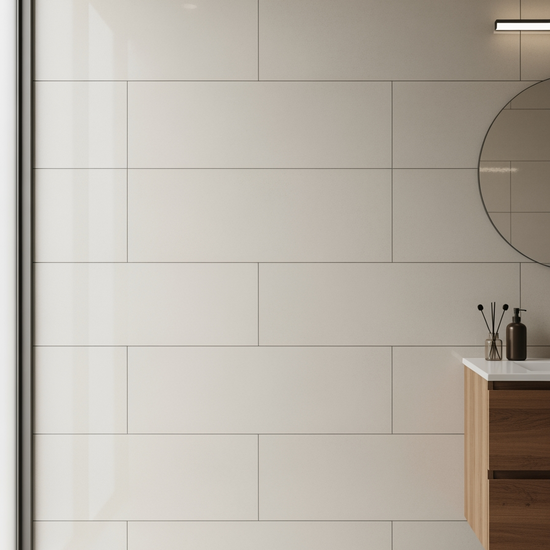 Modern bathroom with clean white wall tiles and wooden vanity design