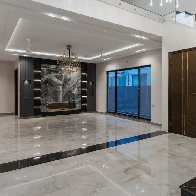 Luxury marble floor tile installation in modern living room