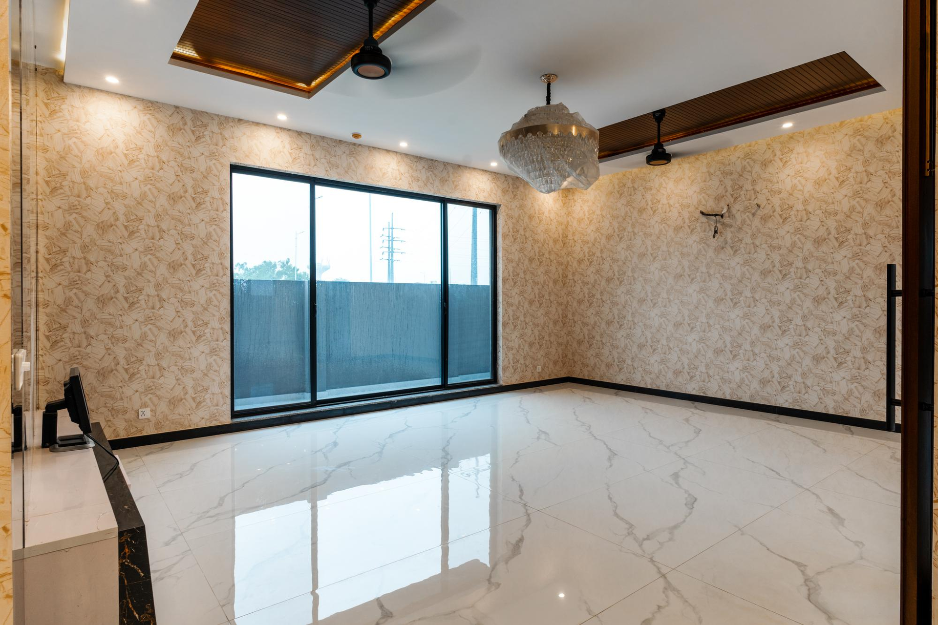 Modern living room with polished marble floor tiles and elegant interior design