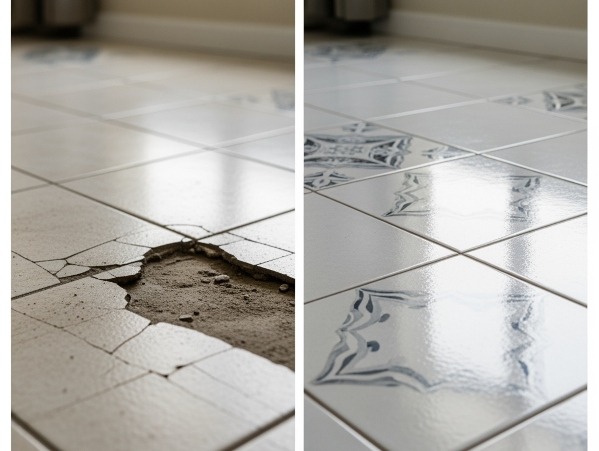 before and after floor tile repair showing damaged tiles restored to new condition