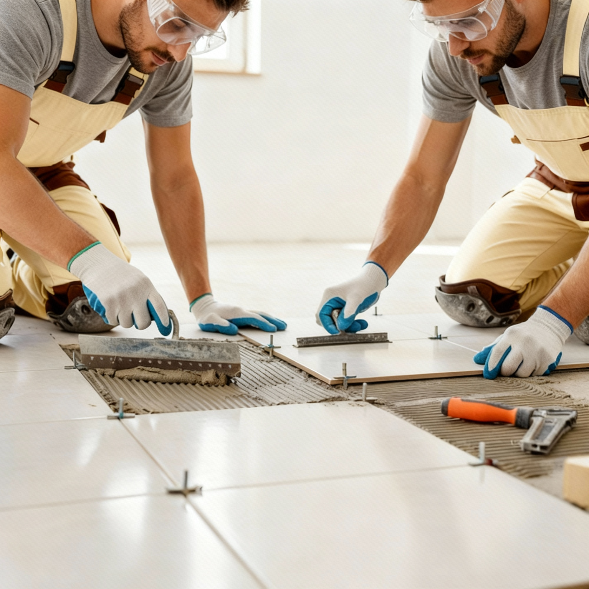 professional tile installers placing new floor tiles during repair work