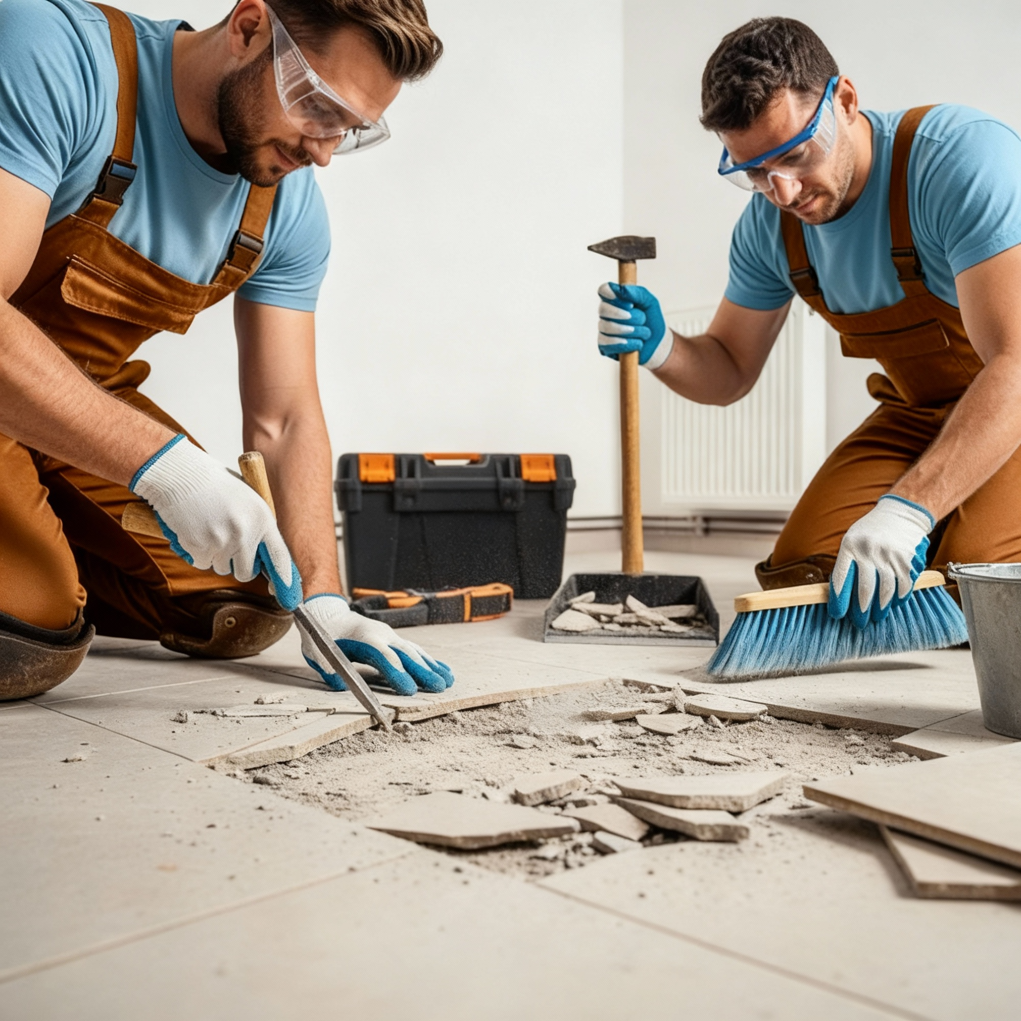 tile repair specialists removing broken floor tiles during floor restoration
