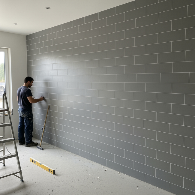 Installer inspecting completed grey subway tile wall