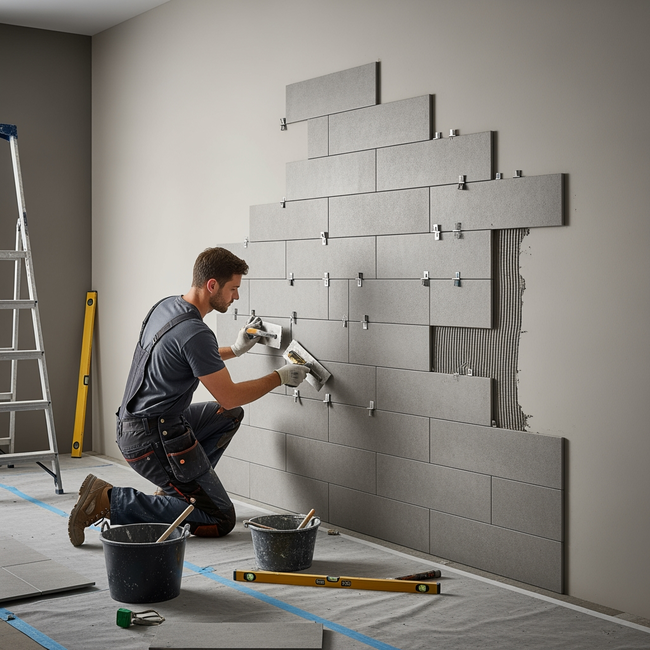 Professional wall tile installation using spacers and adhesive